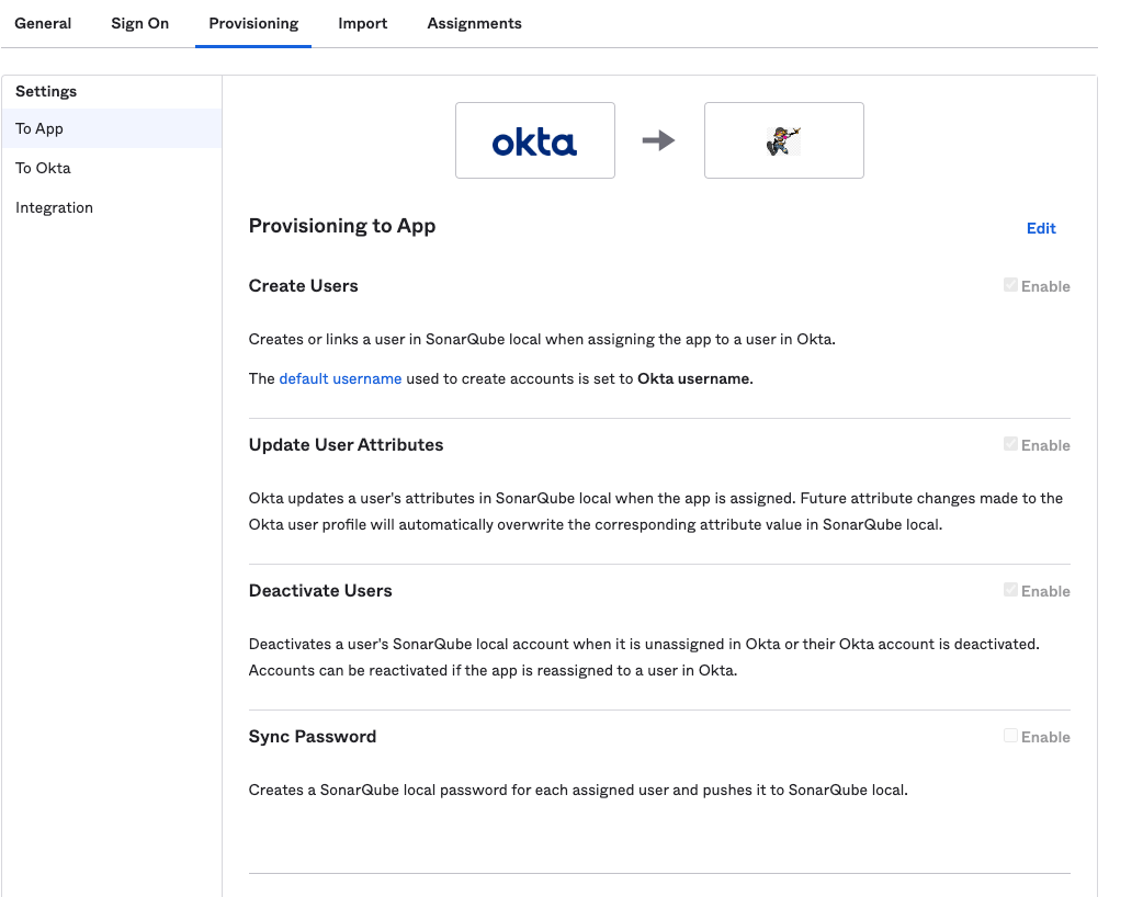 Screenshot of the SCIM Provisioning to App page in Okta.